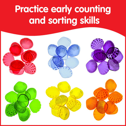 edxeducation Tactile Shells | Set of 72 | Translucent | 6 Textures and Colors | Ages 18m+ | Explore Early STEM Concepts | Light Table and Sensory Bin Toys