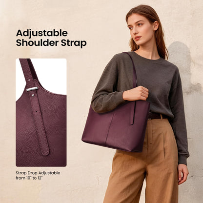 befen Genuine Leather Tote Bags for Women Work, Real Burgundy Leather Shoulder Handbags Zippered Satchel Purses with Adjustable Strap for Casual Shopping Travel, Burgundy