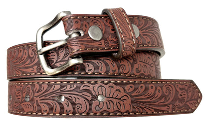 BC Belts Western Kids Leather Belt Strap and Metal Buckle 1" Wide with Snaps - Embossed Western Scrollwork Cowboy Country (Brown-S)