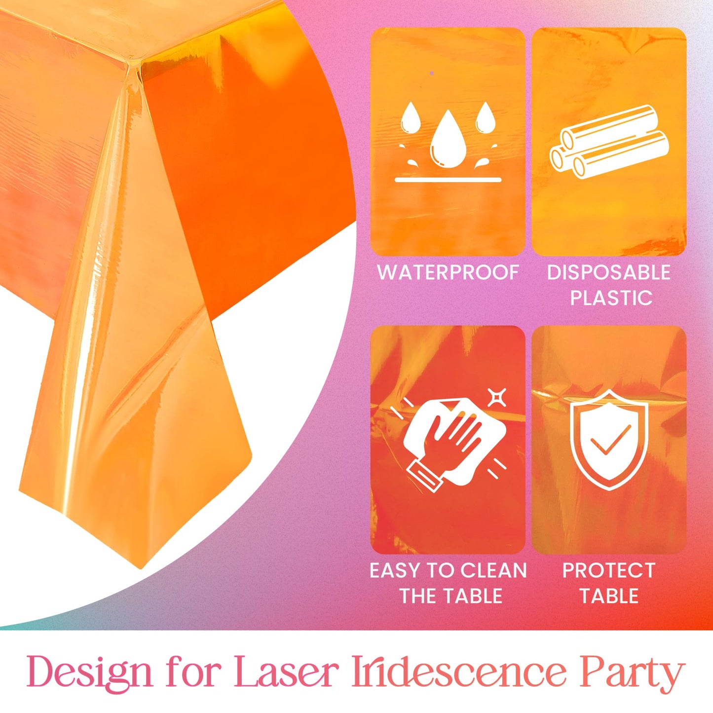 3 pcs Orange & Purple & Pink Iridescence Tablecloth, 40x108“ Disposable Shiny Laser Table Cloth, Glitter Plastic Tablecloths, Holographic Iridescent Table Cover for Halloween Party Decoration, Wedding