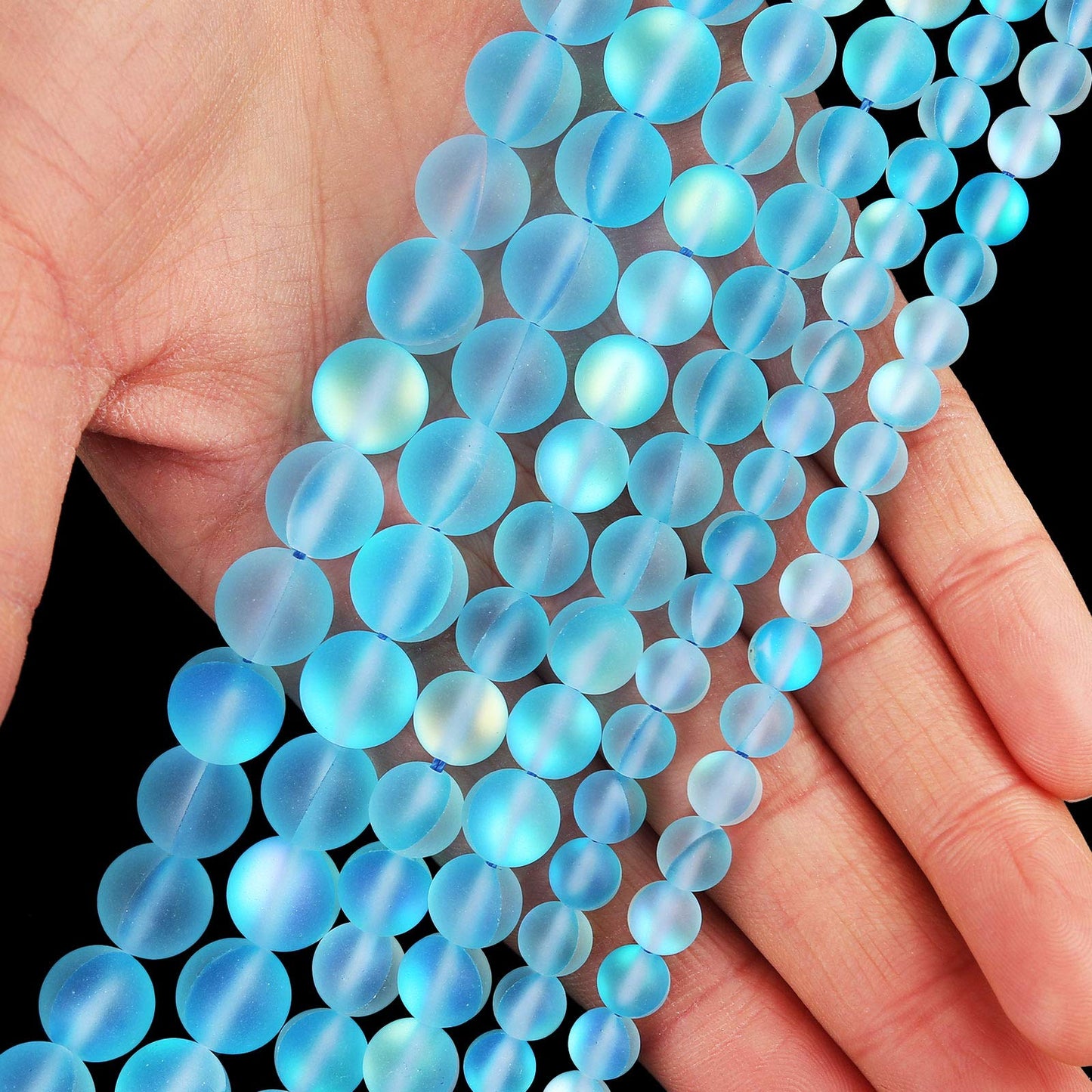 Matte Aquamarine Aurora Crystal Glass Beads, 6MM Frosted Glitter Shining Mermaid Round Loose Beads, Rainbow Holographic Synthetic Moonstone for Jewelry Making DIY Bracelet