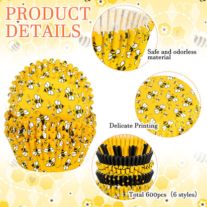 JarThenaAMCS 600Pcs Summer Honey Bee Cupcake Liner Honeycomb Stripe Paper Baking Cup Yellow Black Muffin Wrappers Cake Storage Container for Party DIY Craft, 2 x 1.2 Inch