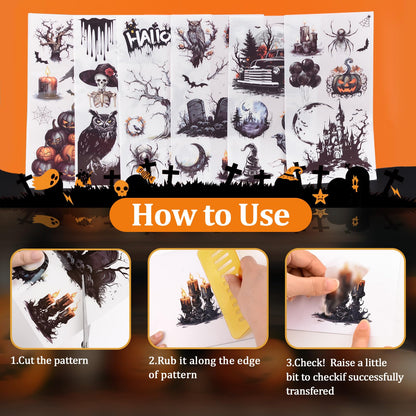 WANDIC 6 Sheets Halloween Rub on Transfer Stickers, Crow Ghost Bat Skull Transfer Stickers Decals Waterproof for Home Party DIY Crafts, 15x30cm