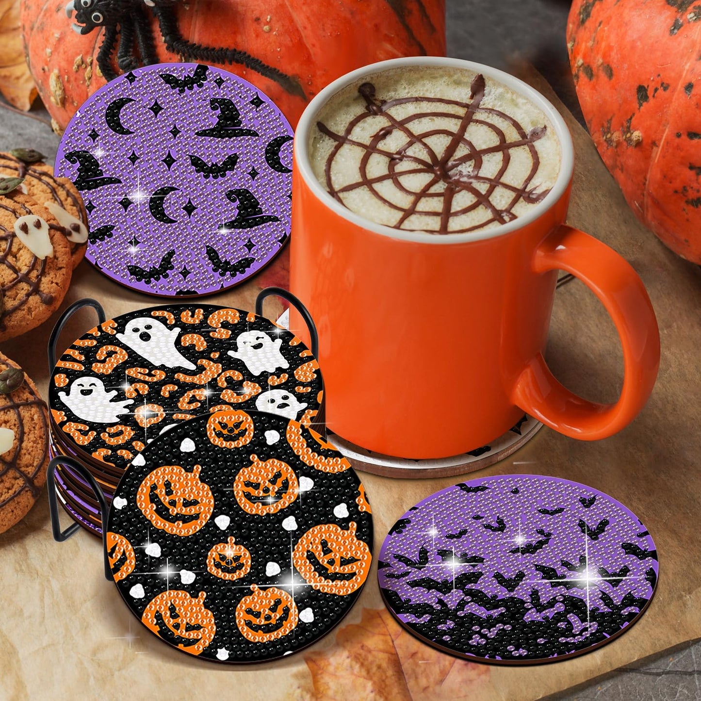 8 PCS Halloween Coasters with Holder - DIY Diamond Art Kit for Beginners, Adults, Kids (Halloween-2)