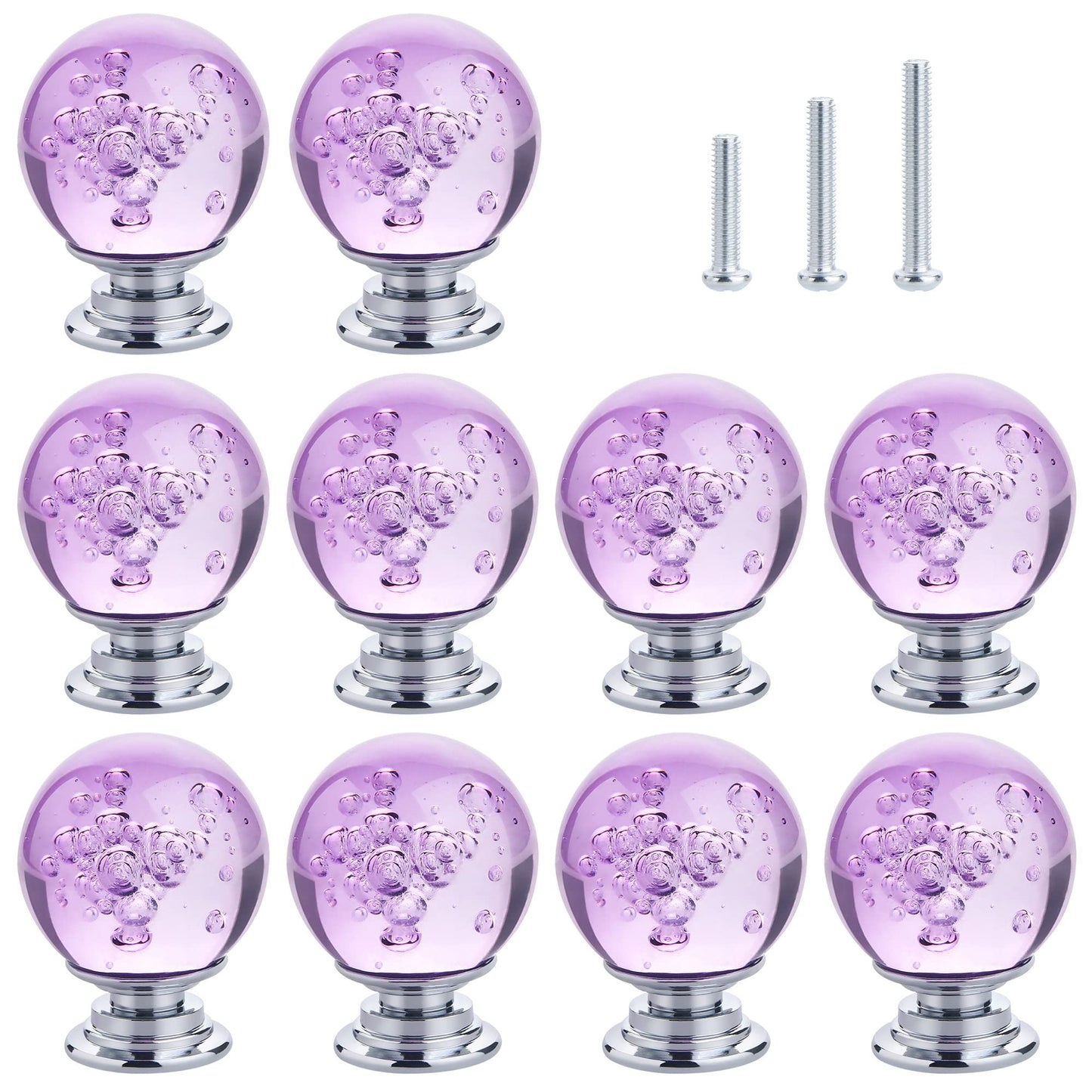 IEIK 10 PCS Crystal Cabinet Knobs Round Glass Bubbles Dresser Knobs Smooth Drawer Knobs Handle for Home, Cabinet, Drawer and Dresser Hardware with 3 Different Size Screws, 30MM (Purple)
