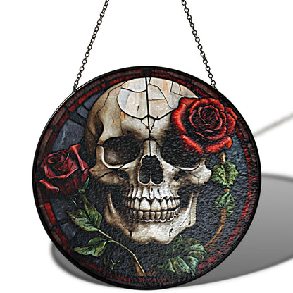 7.8" Skull Rose Stained Glass Suncatcher, Gothic Window Hanging Ornament for Home Decor, Unique Halloween Decoration with Red Rose Skull Art, Spooky Gothic Room Accent ART-03E-SG8