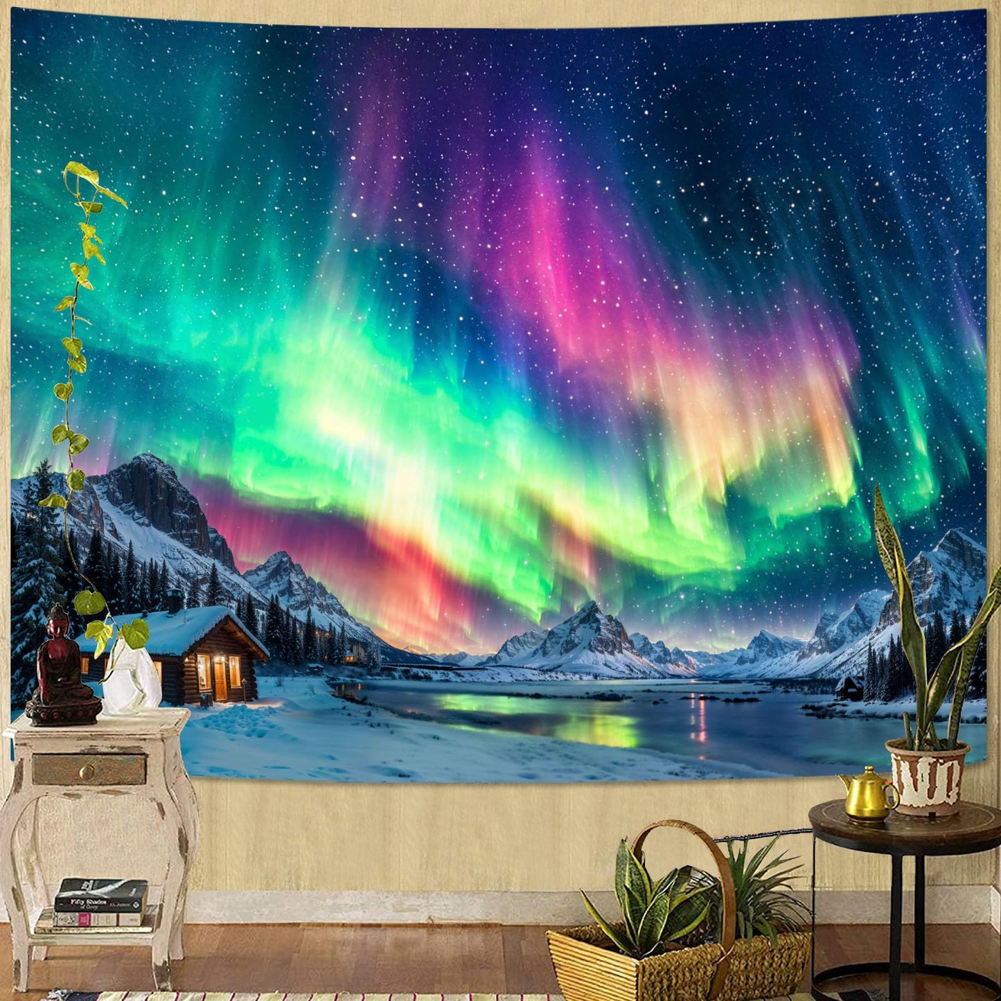 Spenlife Winter Aurora Borealis Cabin Tapestry, Scenic Northern Lights Mountain Wall Hanging for Cozy Bedroom Living Room Decor, 60x44 Inch