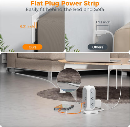 Surge Protector Power Strip Tower 10 Ft, TESSAN Flat Plug Extension Cord with 11 AC Outlets 3 USB Ports (1 USB C), 1050J Protection Charging Station for Home, Office Supplies, Dorm Room Essentials