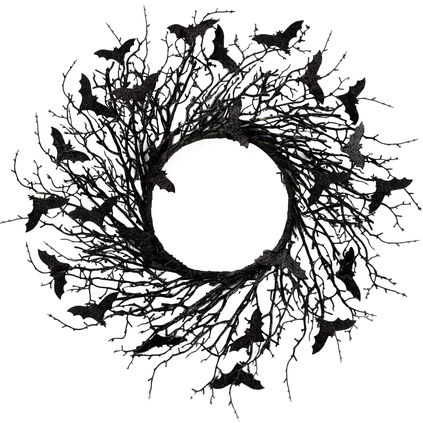 Sggvecsy 17.7"Artificial Black Twig Wreath with Glitter Bats - Handmade Sparkling Hanging Decorations for Front Door, Indoor/Outdoor Halloween Party