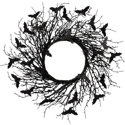 Sggvecsy 17.7"Artificial Black Twig Wreath with Glitter Bats - Handmade Sparkling Hanging Decorations for Front Door, Indoor/Outdoor Halloween Party