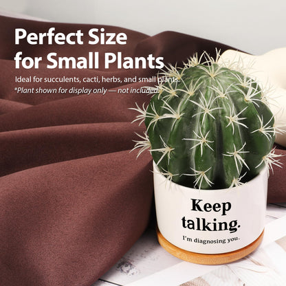Loovelo Keep Talking I'm Diagnosing You Ceramic Succulent Plant Pot with Bamboo Tray Round Psychology Gifts Doctor Dr Therapist Psychiatrist 3.5 Inch White (No Plants)