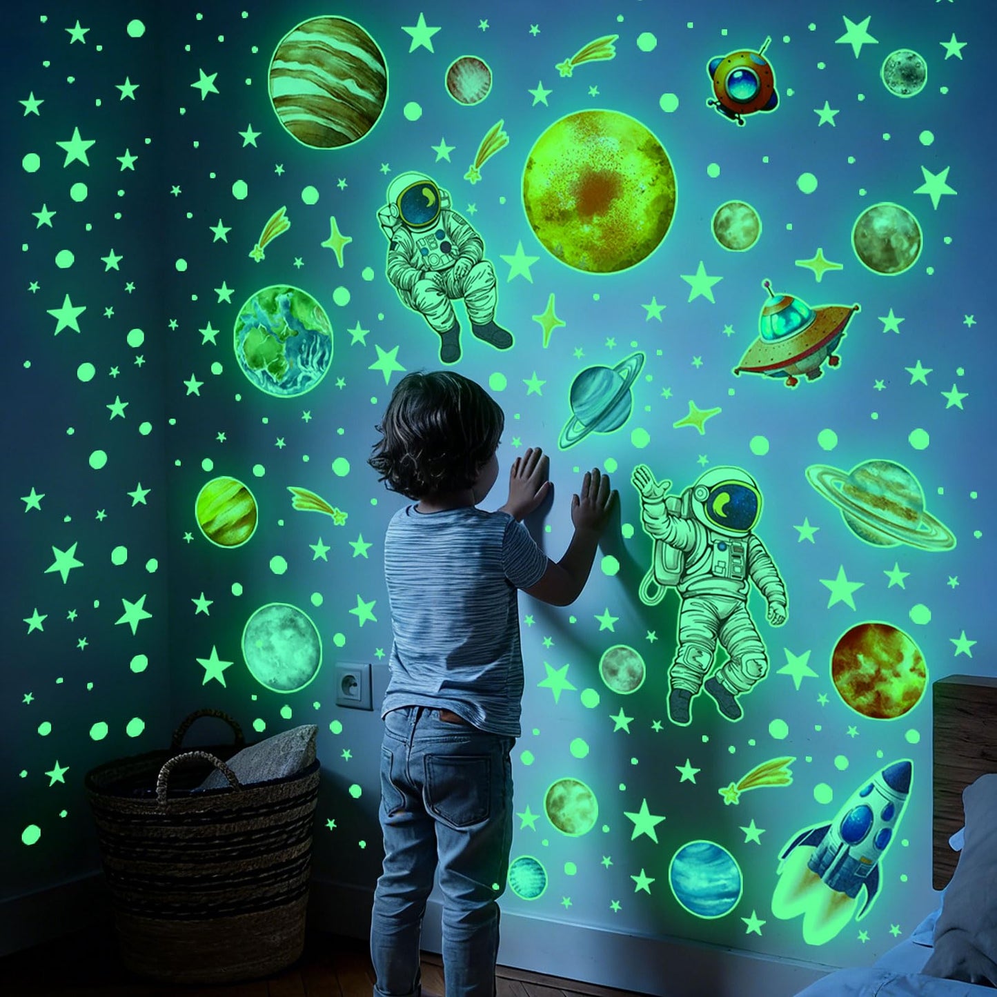 Glow in The Dark Solar System Wall Stickers 5 Sheets Bright Astronaut Planet Star Rocket Decals Peel and Stick Clings for Kids Room Bedroom Decoration