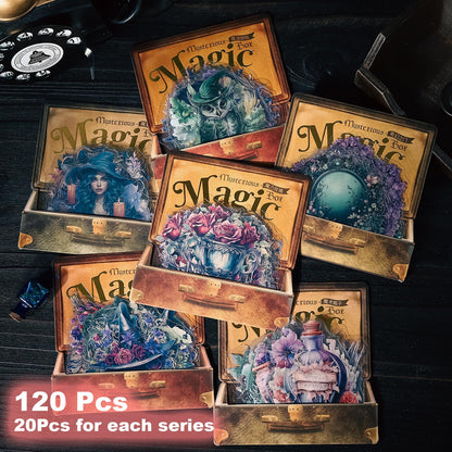 Miyouluna 120Pcs Gothic Fantasy PET Stickers with Organizer – 60 Unique Designs Waterproof Vintage Stickers for Scrapbooking, Journals, and DIY Crafts