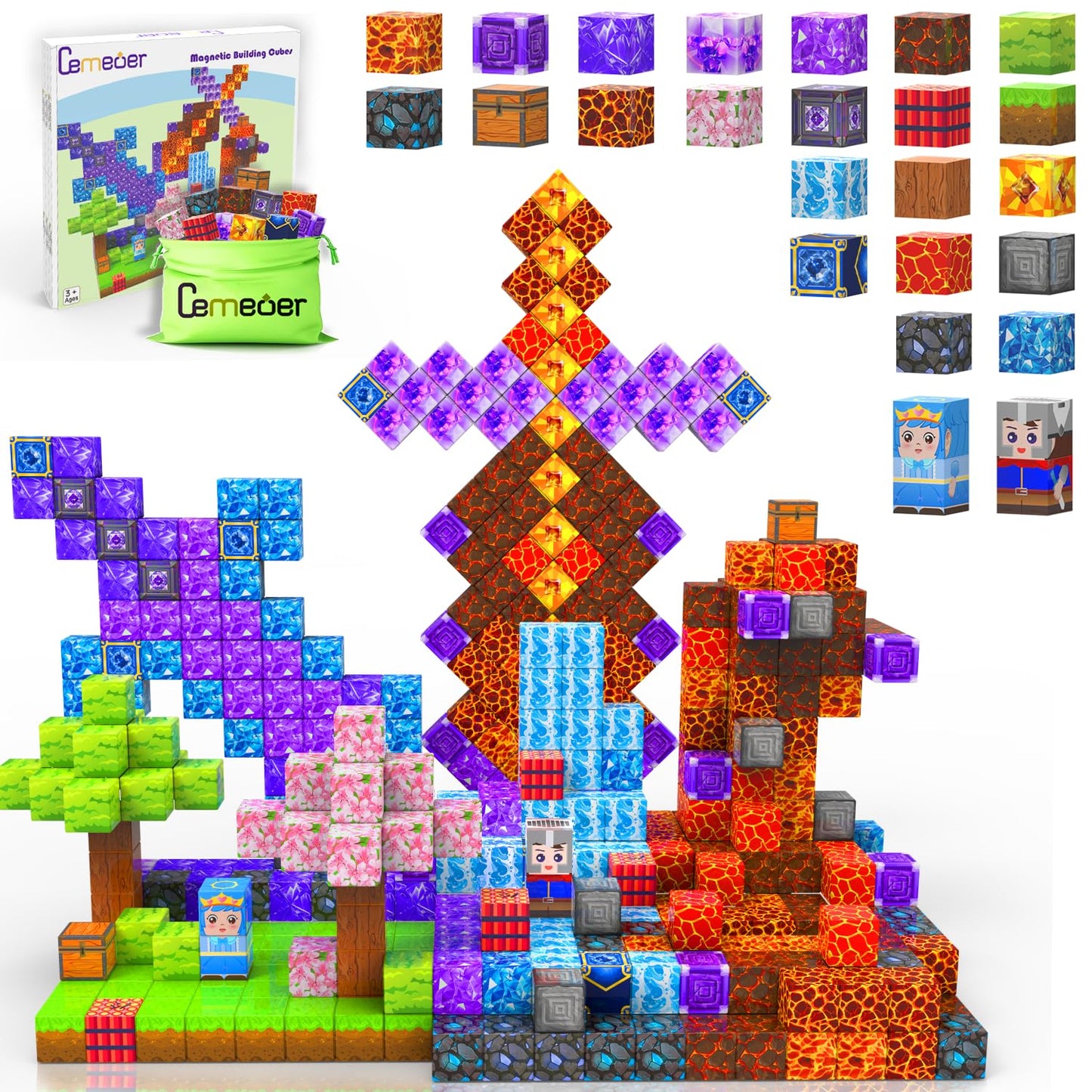CEMECER 100PCS Magnetic Blocks, Stacking Magnetic Building Blocks Toys for Kids, Sensory Montessori Construction Game Magnetic Build Cube Tile Toys.