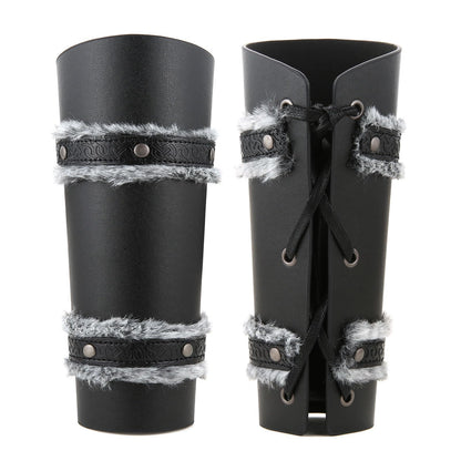 HZMAN Medieval Gauntlet Wristband Fur Leather Bracers for Men Cuff Armor Leather Viking Wrist Arm Guards for LARP Costume Bracer (Black)