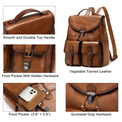 COOLCY Women Vintage Genuine Leather Backpack Purse Fashion Rucksack Practical and Stylish Retro Daypack Bag (Brown)