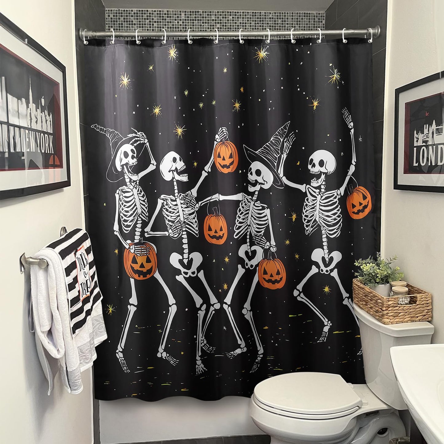 Halloween Shower Curtain: Spooky Dancing Ghosts with Pumpkins Halloween Shower Curtain Set with Hooks, Scary Skull Skeleton Bathroom Decorations for Window Home Farmhouse Indoor Decor, 72' x 72'