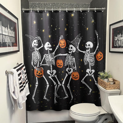 Halloween Shower Curtain: Spooky Dancing Ghosts with Pumpkins Halloween Shower Curtain Set with Hooks, Scary Skull Skeleton Bathroom Decorations for Window Home Farmhouse Indoor Decor, 72' x 72'