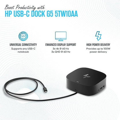 HP Docking Station for Laptop Dual Monitor and Charging - 5TW10AA / 5TW10UT / 5TW10AA#ABB USB-C G5 Dock with 120W + HDMI Cable + DisplayPort Cable (5TW10AA)