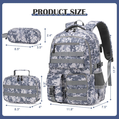 DIGOBAY Camo Backpack for Boys, Tactical Boys Backpack for School, Kids Backpack With Lunch Box Pencil Case USB Charging Port Military Army Book Bags for Boy Teens Kids Elementary Middle High School
