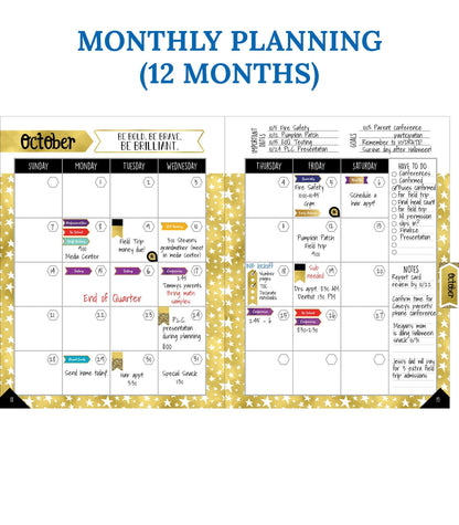 Carson Dellosa Sparkle and Shine Teacher Planner, 8" x 11" Black and Gold Spiral Bound Lesson Plan Book With Stickers, Checklist, Notes, School Supplies for Classroom Organization