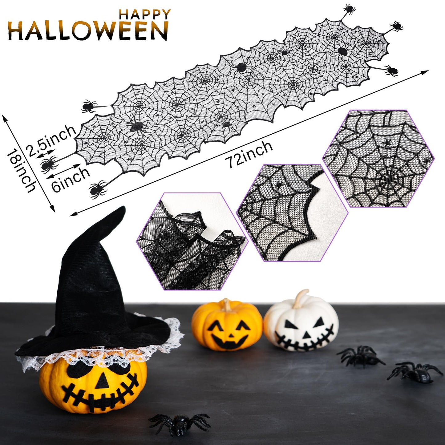 Windkream 18 x 72 Inch Halloween Table Runners Black Lace Spider Web Table Runner with Crawling Spider Gothic Halloween Decorations for Masquerade Themed Party Dinner Mantel Indoor Decor