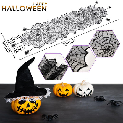 Windkream 18 x 72 Inch Halloween Table Runners Black Lace Spider Web Table Runner with Crawling Spider Gothic Halloween Decorations for Masquerade Themed Party Dinner Mantel Indoor Decor