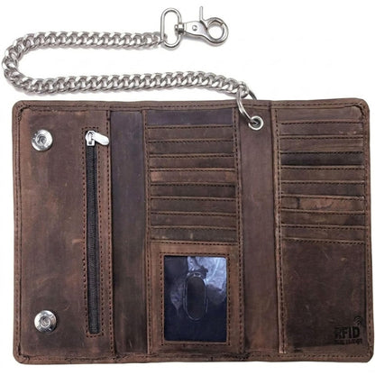 Motorcycle Chain Wallet for Men – Premium Cowhide Leather, RFID Tri-Fold Biker Wallet with Heavy Duty Chain for Bikers Truckers & Hunters, Credit Card Money Organizer Long Wallet Crazy Horse Brown