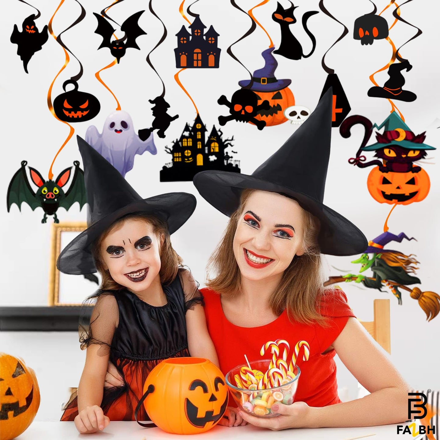 56 Pieces, Halloween Swirls for Hanging Halloween Decorations - No DIY | Ghost Pumpkin Witches Swirls, Scary Ceiling Streamers, Scary Party Decorations, Haunted House Decor, Classroom, Office Décor