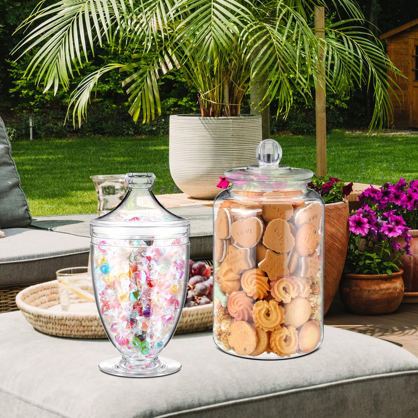 Nuogo 2 Pcs 1 Gallon Plastic Candy & Cookie Jar with Lids 128 oz Decorative Apothecary Jars Candy Buffet Containers Clear Airtight Food Storage Canister Home Decor Centerpiece (Bottle+cup Shape)