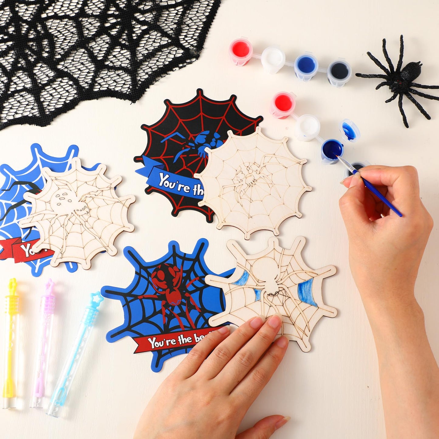 Saypacck 12 Set Halloween Crafts Halloween Spider Web Craft Kit Party Supplies Spider Web Wooden Painting Set with Bubble Stick Christmas Birthday Gift Pack Suitable for Party Supplies Gifts