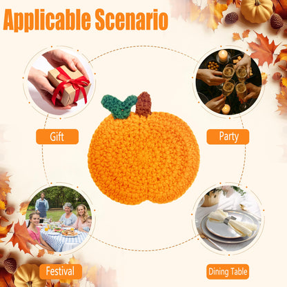 Fall Pumpkin Crochet Coaster 4 Pack, Fall Pumpkin Decor Handmade Knitted Drink Coaster Set, Autumn Decoration Drink Cup Pad Mats for Table Protection, Thanksgiving Home Kitchen Party Table Decor
