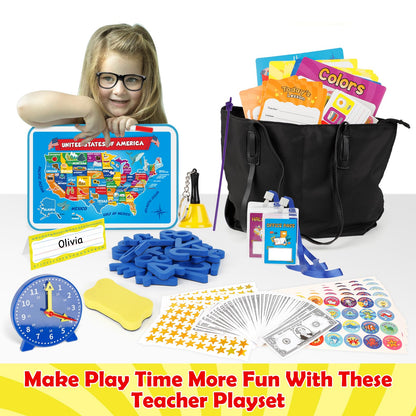 Edulok 115 PCS Pretend Play Teacher Set for Kids, with Magnetic Numbers, Bell, Money Games, Alphabet Posters, USA Maps, Learning Education Toys Kindergarten Classroom School Supplies Toys Playset Kit