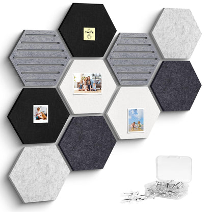 Hexagon Cork Bulletin Board Tiles, 10 Pack Felt Board with 25 Push Pins, Photo Display Board for Office & Home Classroom Wall Decor, 11.8x10.2 Inches
