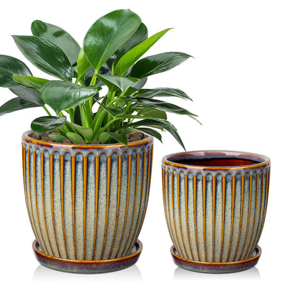 Oairse Ceramic Pots for Indoor Plants, 4.9 +5.7 inch Set of 2 Brown Plant Pots with Drainage Holes and Saucers Texture Ceramic Planters Indoor Outdoor Flower Planters for Succulent