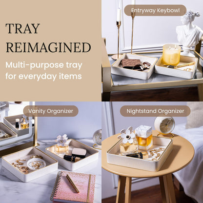 2 Pack White Catch All Trays for Jewelry| Small Leather Valet Tray| Key Bowl for Entryway Table EDC Trinket Tray Catch All| Perfume Trays for Dresser Organizer Perfume Holder (Set of 2)