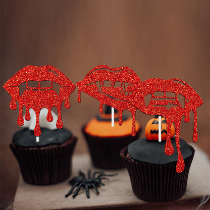 Halloween Vampire Cupcake Topper Red Have a Bite Cake Decorations 24PCS Double Sided Glitter Zombie Vampire Party Decorations Horror Theme Cake Picks for Halloween Birthday Party Supplies