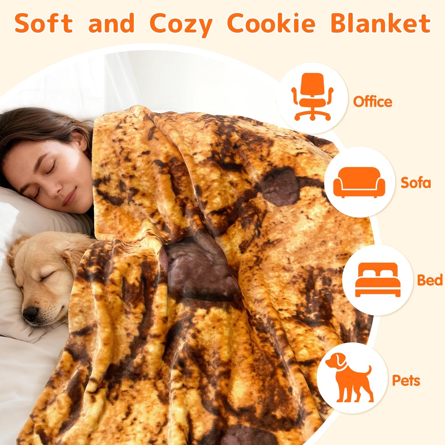 CASOFU Cookies Blanket, White Elephant Gift for Adults Teens Kids Men Women, 285 GSM Soft and Comfortable Flannel Realistic Food Blanket Funny Birthday Gag Gifts for Boys and Girls(Caramel, 47 inches)