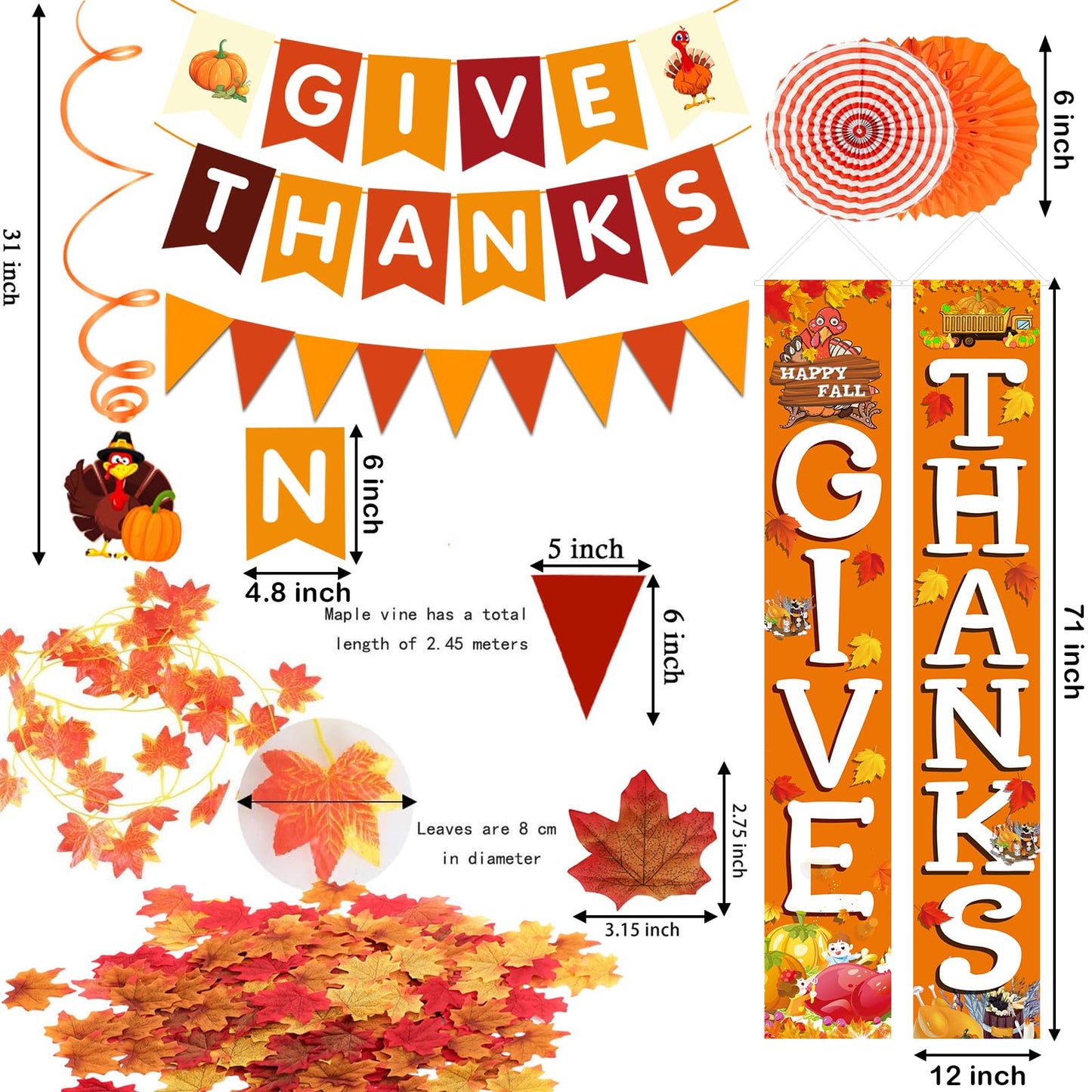 Famoby GIVE THANKS Hanging Banner Porch Sign Autumn Pumpkin Maple Leaf Backdrop Flag Banner Paper Fan&Swirls for Thanksgiving Party Decorations