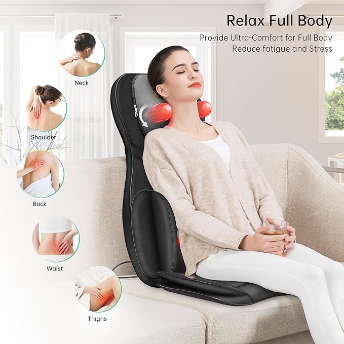 Snailax Shiatsu Back Massager with Heat, 3D Kneading Massage Chair Pad, Neck Back Massager for Back Pain Relief Deep Tissue, Chair Massager for Men Women