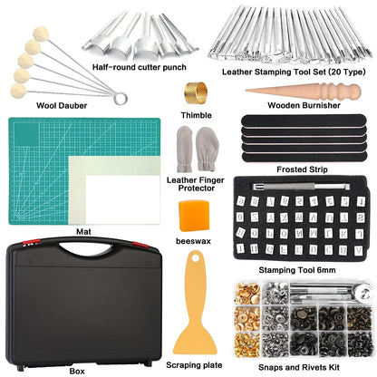 273 Pieces Leather Working Tools and Supplies with Leather Tool Box Cutting Mat Hammer Stamping Needles Snaps and Rivets Kit Perfect for Stitching Punching Cutting Sewing Leathercrafting Making