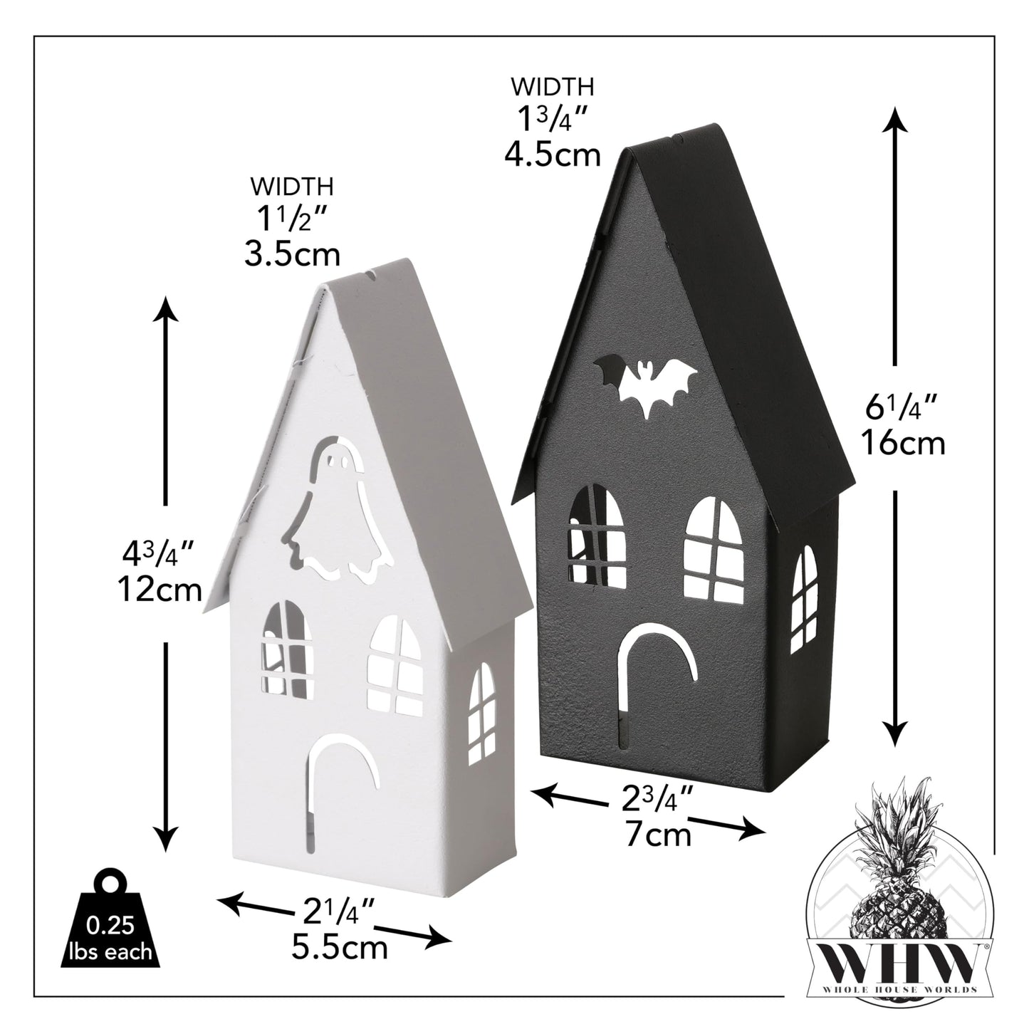 Spooky Halloween House Tea Light Candle Lanterns, Set of 2, Bat Black and Ghost Ivory, Metal, 6.25 and 4.75 Inches, Gabled Roof-Tops, Windows,