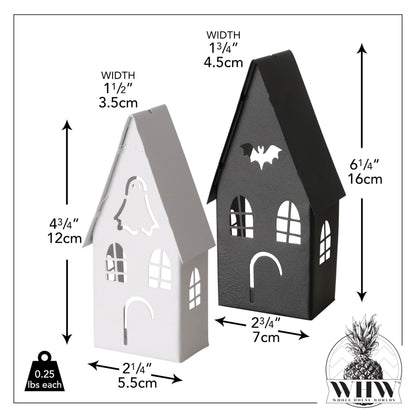 Spooky Halloween House Tea Light Candle Lanterns, Set of 2, Bat Black and Ghost Ivory, Metal, 6.25 and 4.75 Inches, Gabled Roof-Tops, Windows,