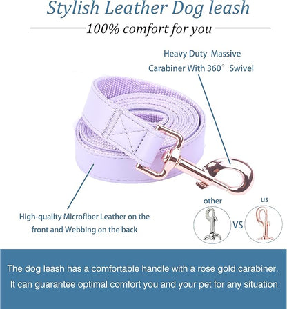 Dog Collar and Leash Set.Soft and Easy to Clean Vegan Leather with Rose Gold Metal Buckle for Small Medium Large Dogs (Light Purple, S(12.2"-16.9"))