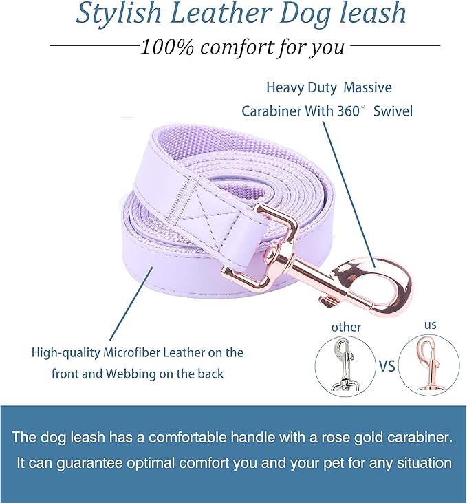 Dog Collar and Leash Set.Soft and Easy to Clean Vegan Leather with Rose Gold Metal Buckle for Small Medium Large Dogs (Light Purple, XS(8"-12"))