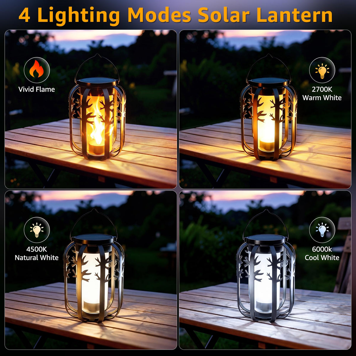 Ollny 2 Pack Solar Lanterns Outdoor Waterproof, Upgraded Flickering Flame Solar Lights Outdoor, Dual Charging (USB/Solar), 4 Modes Hanging Solar Lantern for Yard Patio Path Tree Garden Decor