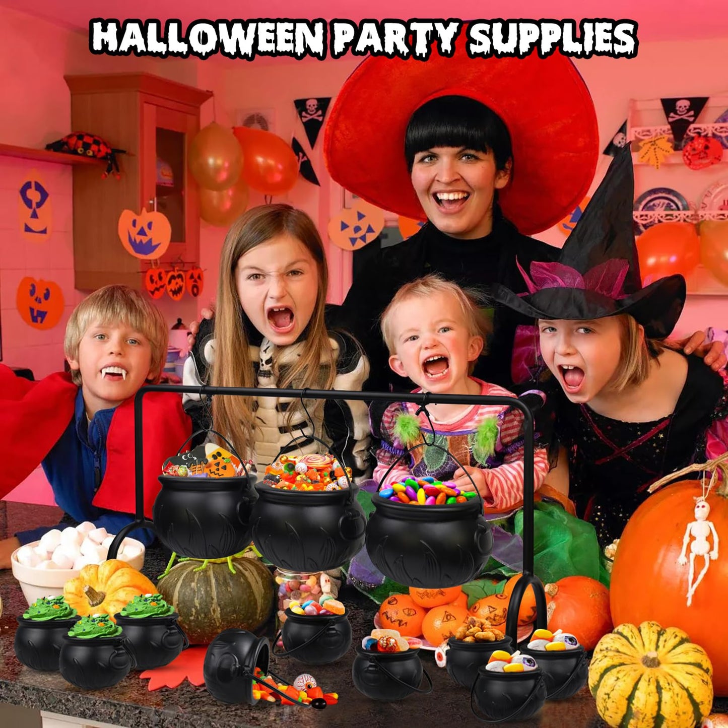 Zimati Cauldron Halloween Table Decor, 12 Pcs Large and Mini Black Plastic Hanging Cauldrons Serving Set, Spooky Witches Cauldron Candy Serving Bowls for Indoor Home Hocus Pocus Party Decorations