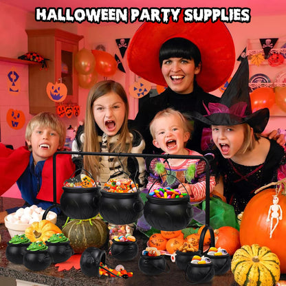 Zimati Cauldron Halloween Table Decor, 12 Pcs Large and Mini Black Plastic Hanging Cauldrons Serving Set, Spooky Witches Cauldron Candy Serving Bowls for Indoor Home Hocus Pocus Party Decorations