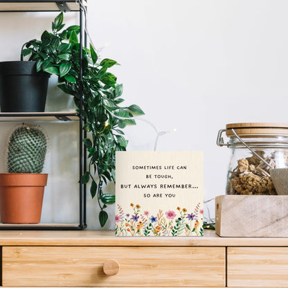 ANIANG Inspirational Wooden Box Sign, Motivational Desk Decor, Inspirational Gifts Office Desk for Women, Life Can Be Tough Wood Block Box Sign Plaque for Office Home Wall Shelf Decor