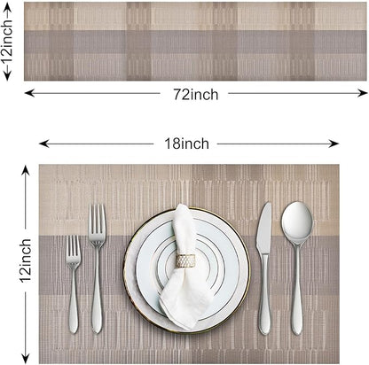 Aofmee Table Runner and Placemats Set of 6 Washable, Heat Resistant Place Mats with Table Runner, Woven Vinyl Table Placemats, Stain Resistant Kitchen Table Mats Sets, Easy to Clean, Gold, Set of 7